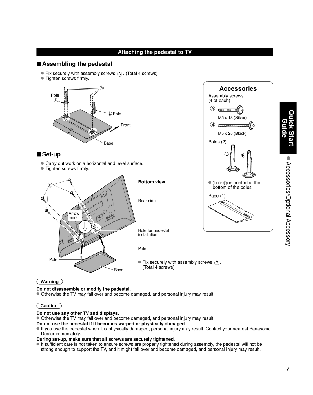 Panasonic TH-C50HD18, TH-C42HD18 quick start Assembling the pedestal, Set-up, Attaching the pedestal to TV 