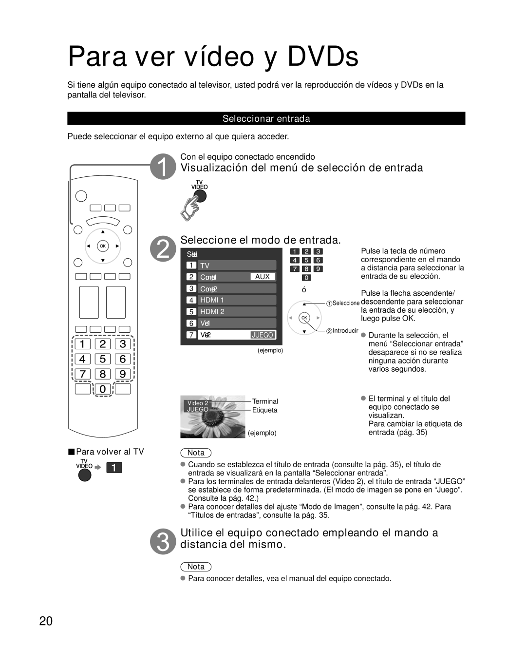 Panasonic TH-C42HD18, TH-C50HD18 quick start Para ver vídeo y DVDs, Seleccionar entrada, Para volver al TV, Etiqueta 