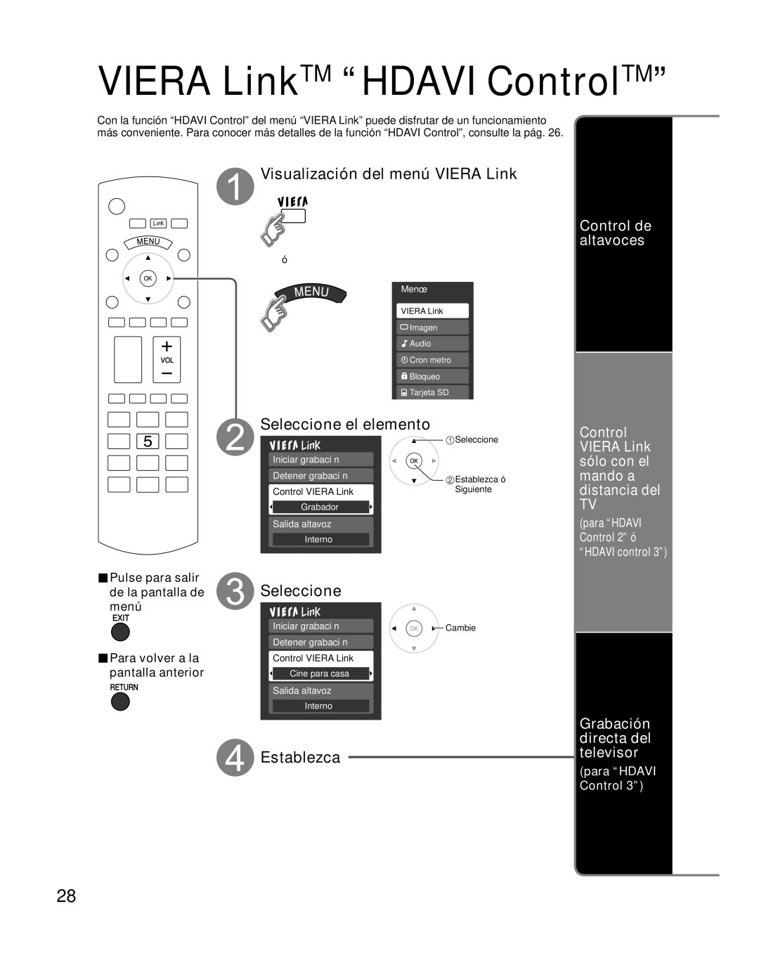 Panasonic TH-C42HD18, TH-C50HD18 quick start Visualización del menú Viera Link, Grabación directa del televisor 