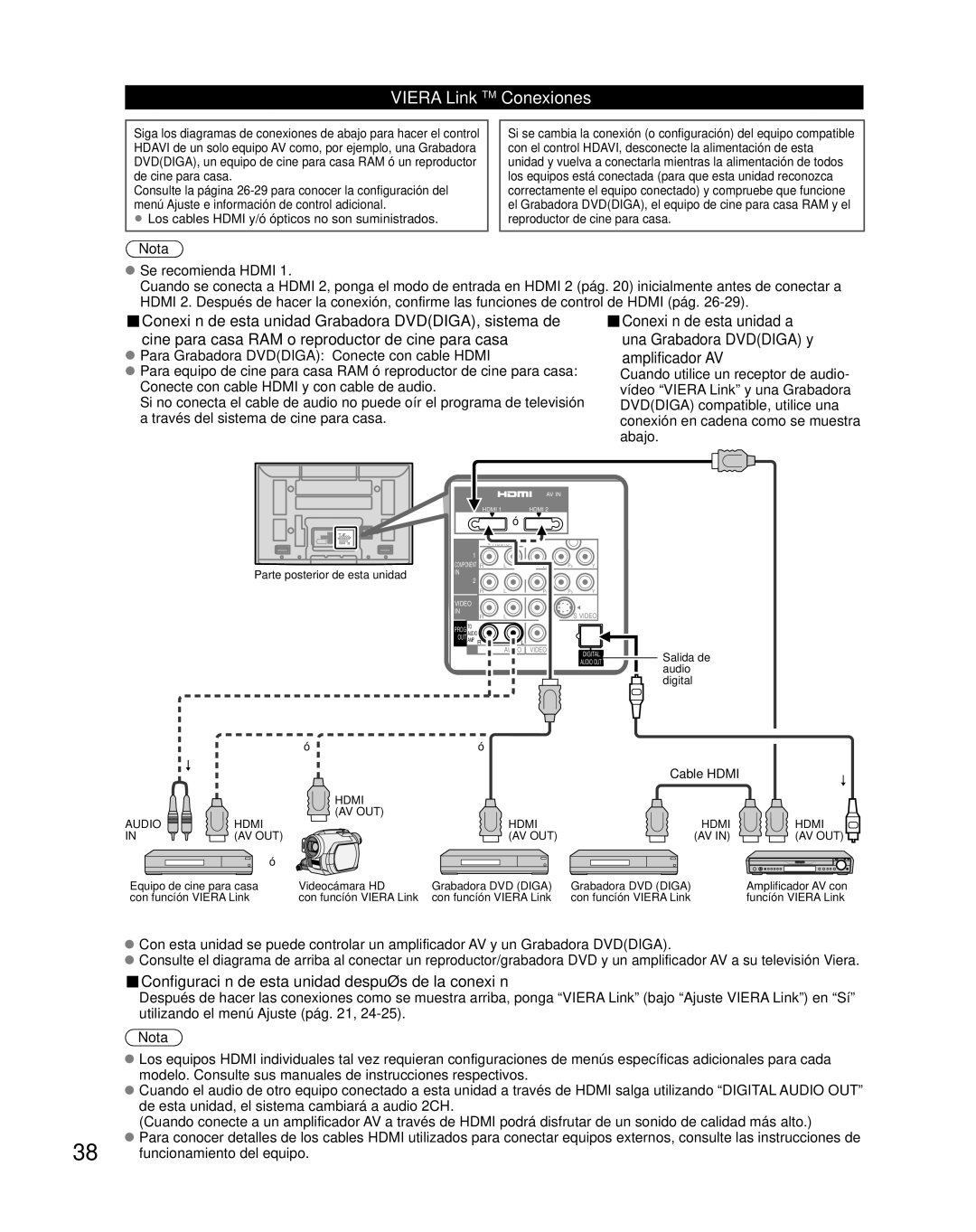 Panasonic TH-C42HD18 Viera LinkTM Conexiones, Amplificador AV, Configuración de esta unidad después de la conexión 