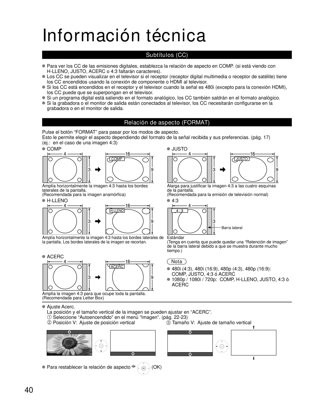 Panasonic TH-C42HD18, TH-C50HD18 quick start Información técnica, Subtítulos CC, Relación de aspecto Format 