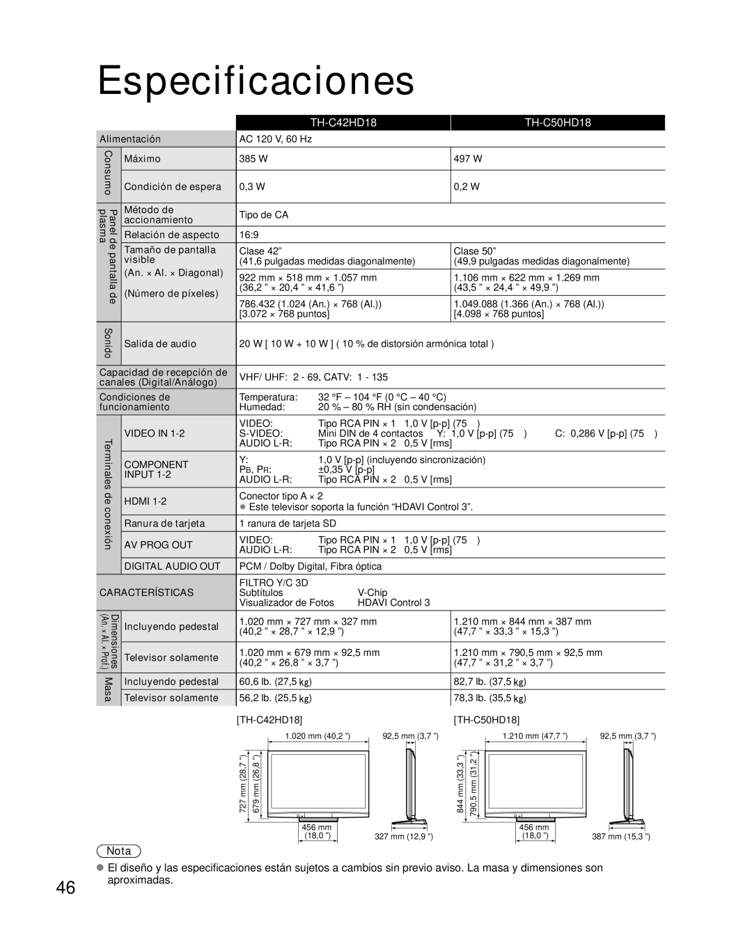 Panasonic TH-C42HD18, TH-C50HD18 quick start Especificaciones 