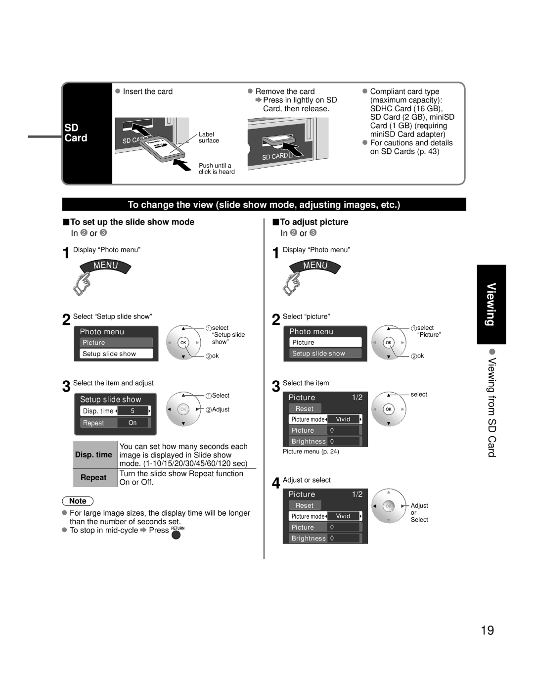 Panasonic TH-C50FD18 Card, To change the view slide show mode, adjusting images, etc, To set up the slide show mode 