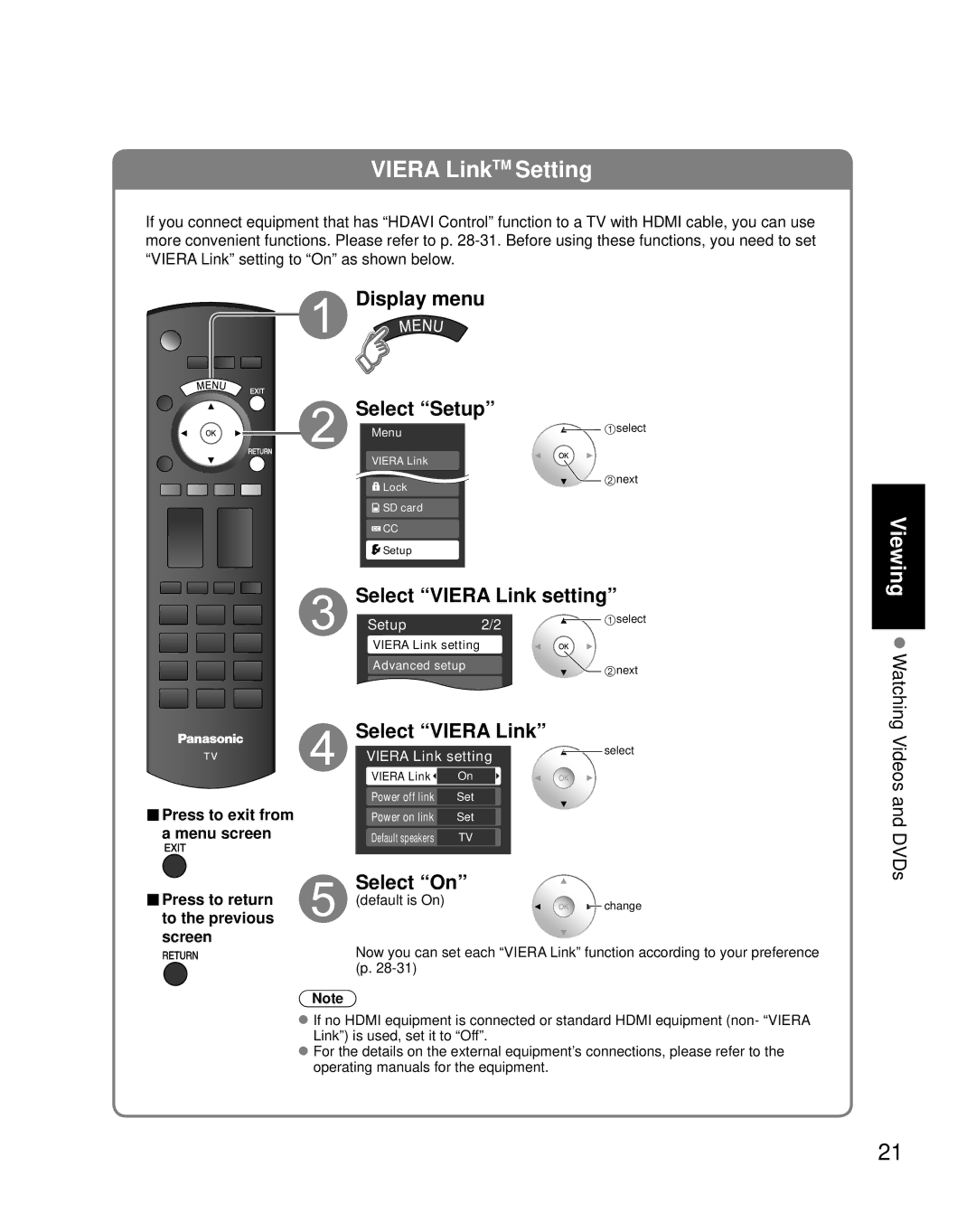 Panasonic TH-C50FD18 quick start Select Viera Link, Select On 