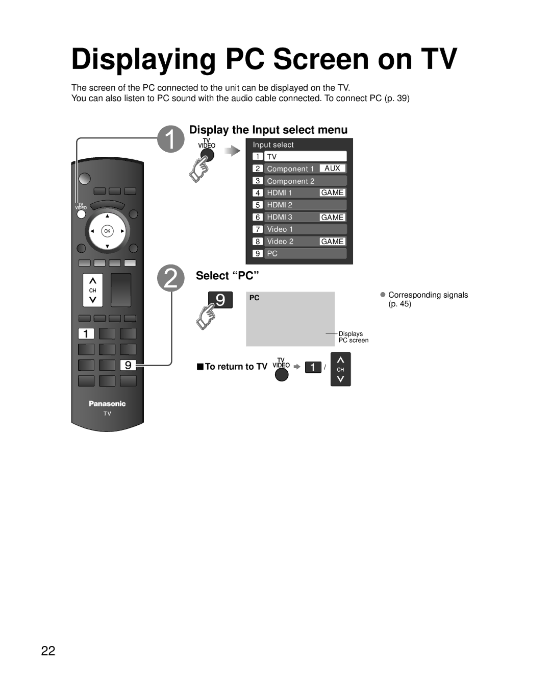 Panasonic TH-C50FD18 quick start Displaying PC Screen on TV, Display the Input select menu, Select PC, To return to TV 