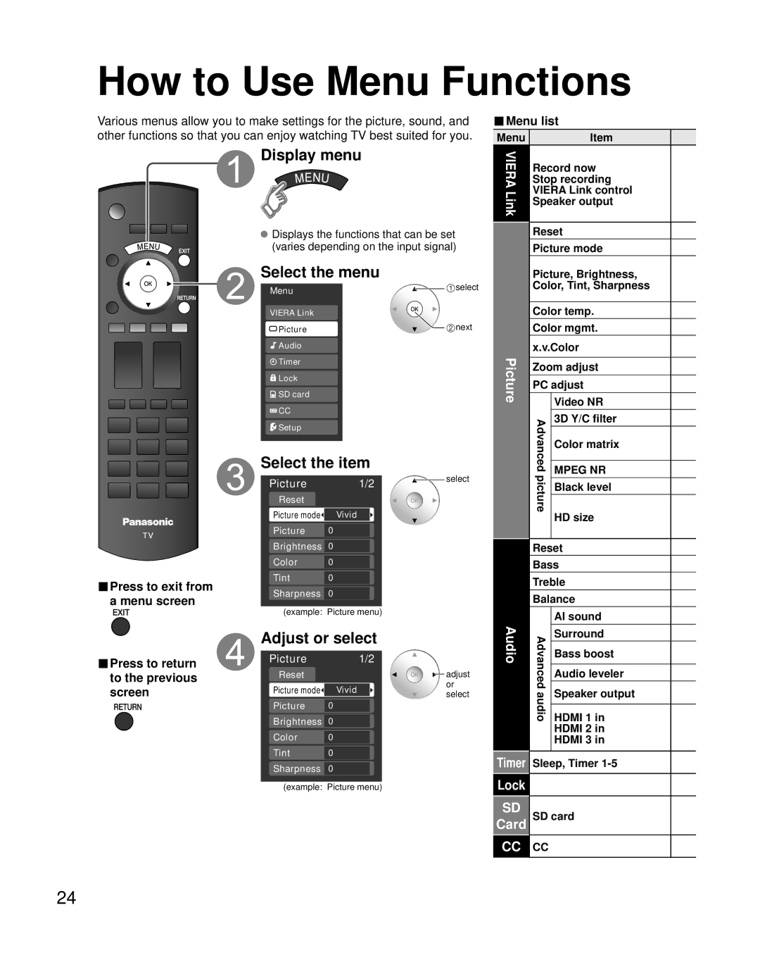 Panasonic TH-C50FD18 How to Use Menu Functions, Display menu, Select the menu, Select the item, Adjust or select 