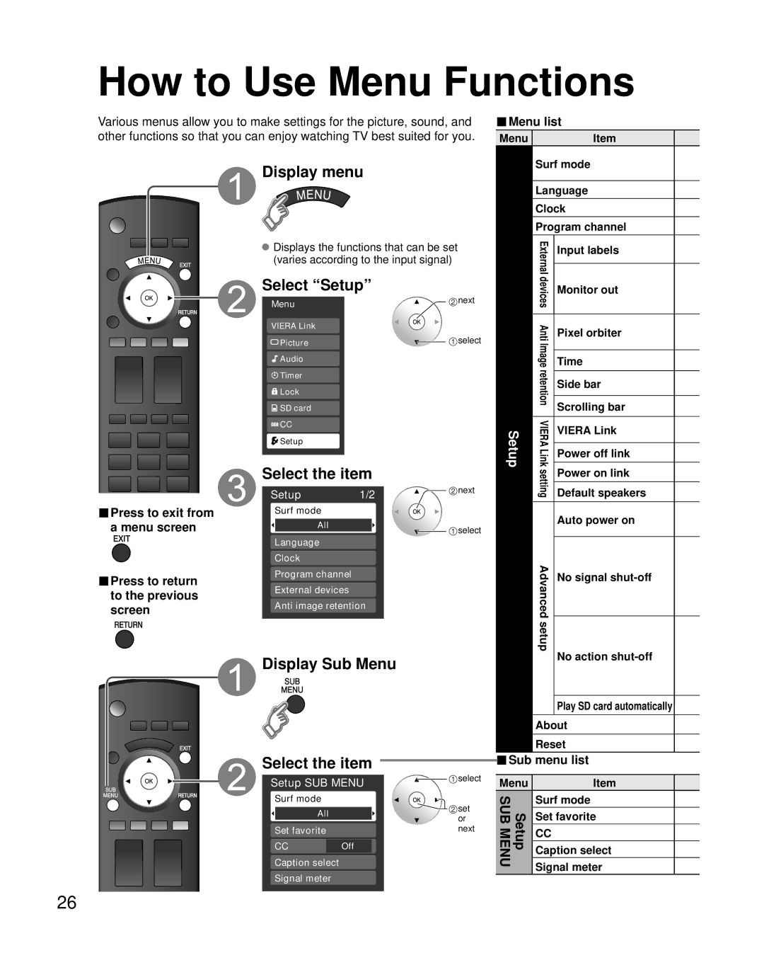 Panasonic TH-C50FD18 quick start Select Setup, Display Sub Menu, Sub menu list 