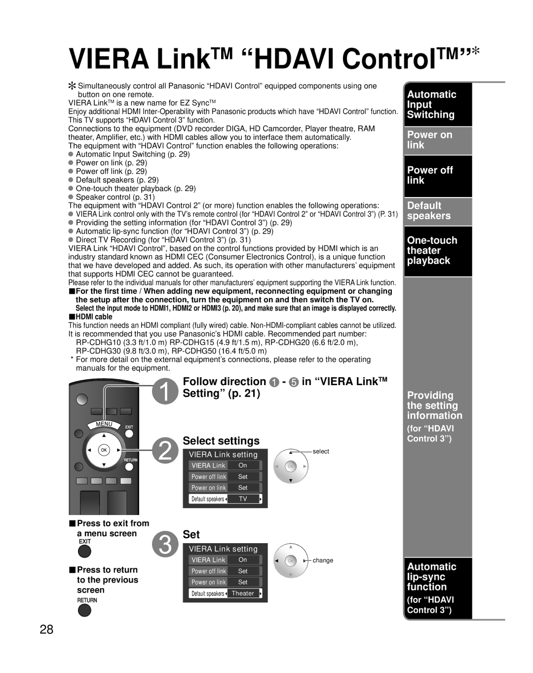 Panasonic TH-C50FD18 Select settings, Automatic Input Switching, Setting p Providing the setting information 