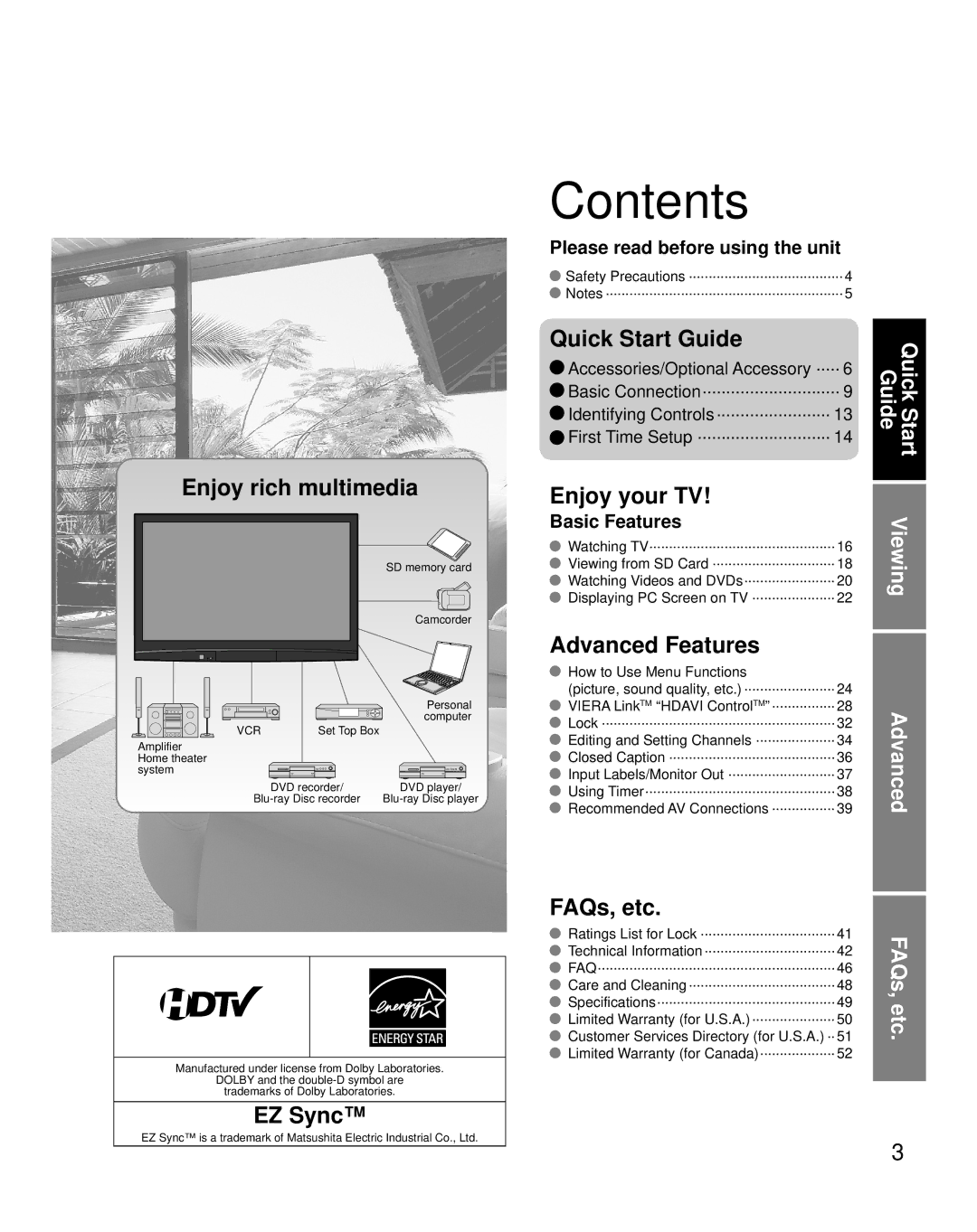 Panasonic TH-C50FD18 quick start Contents 