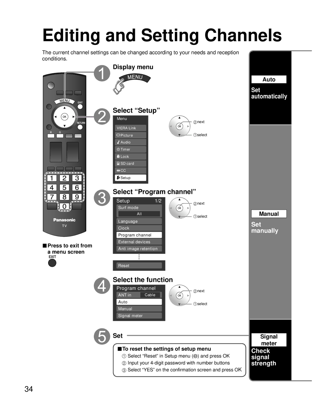 Panasonic TH-C50FD18 quick start Editing and Setting Channels, Select Program channel, Select the function 