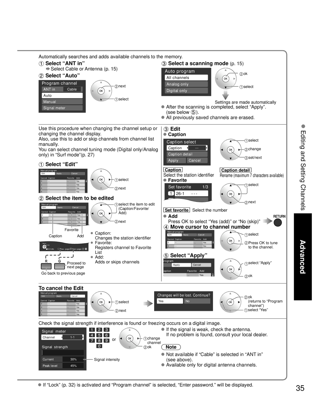 Panasonic TH-C50FD18 Select a scanning mode p, Select Edit, Select the item to be edited, Move cursor to channel number 