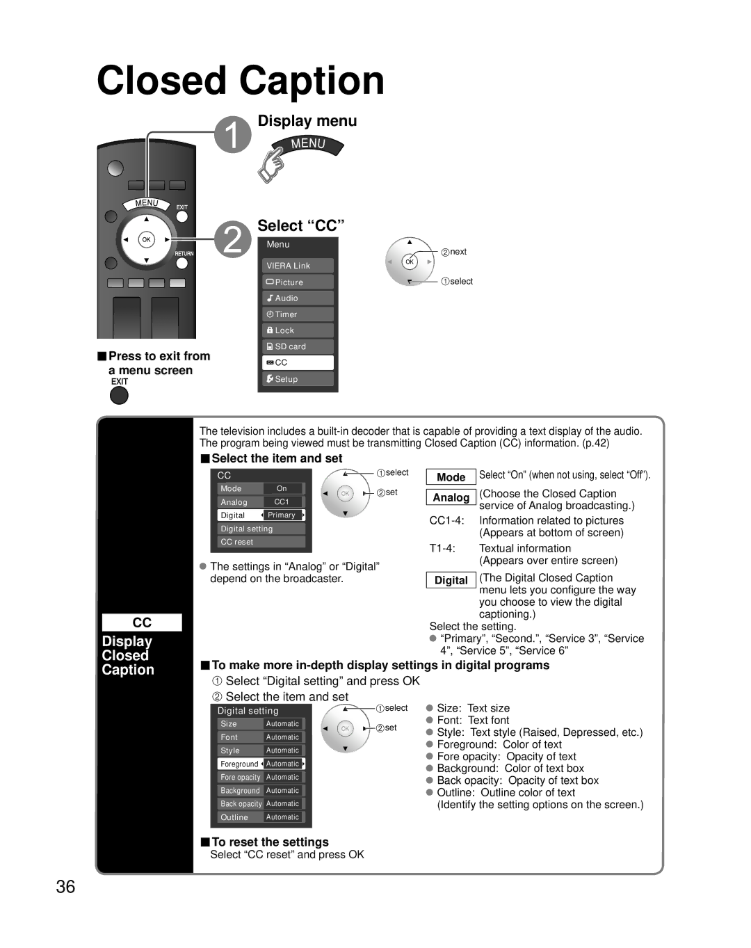 Panasonic TH-C50FD18 quick start Display menu Select CC, Display Closed Caption 