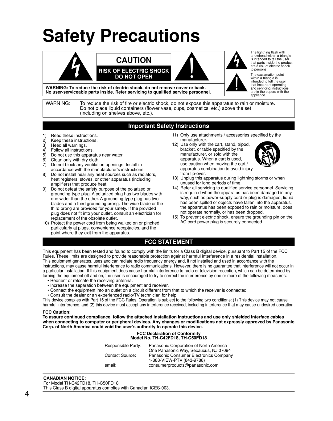 Panasonic TH-C50FD18 Safety Precautions, Important Safety Instructions, View-Ptv, Consumerproducts@panasonic.com 