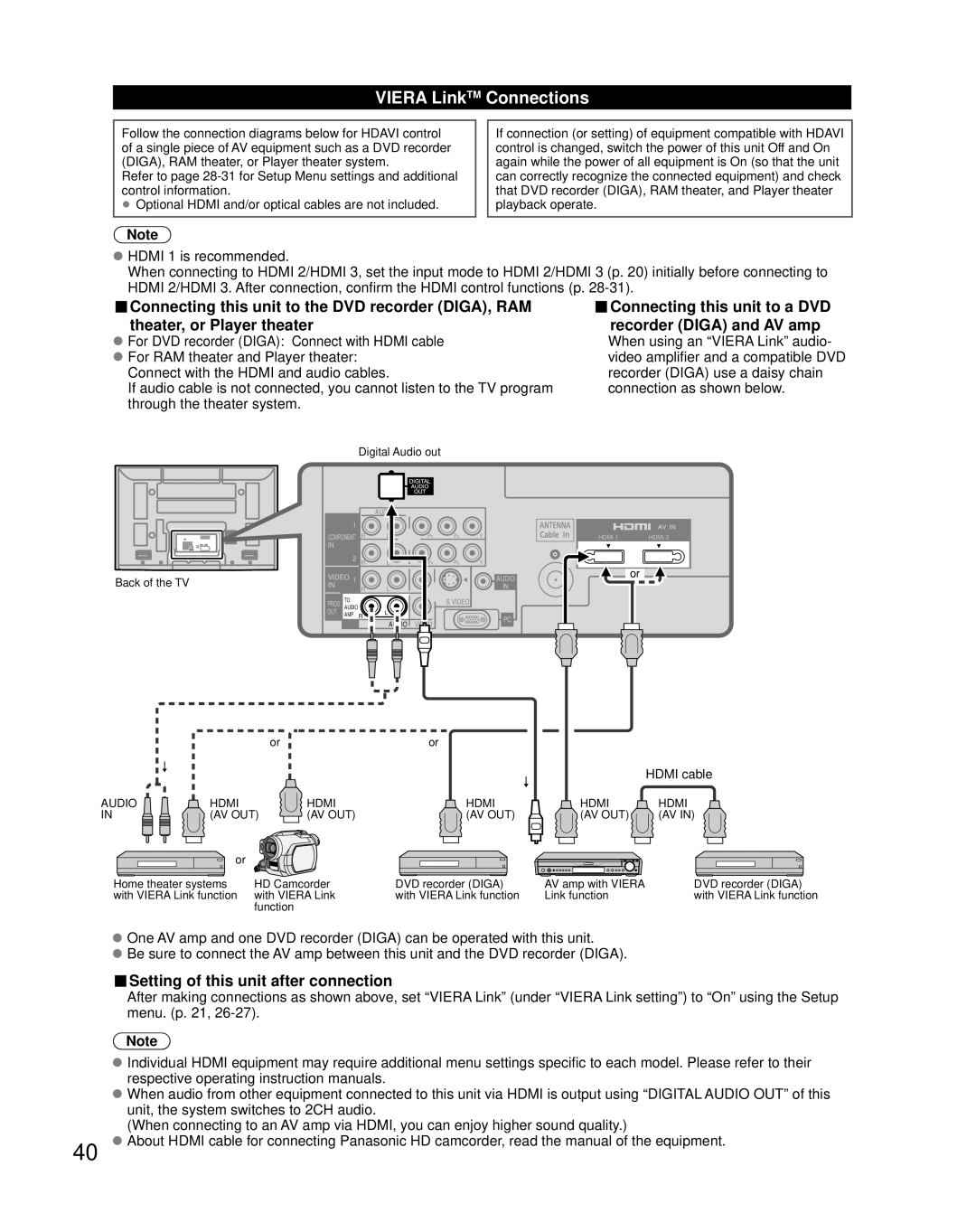 Panasonic TH-C50FD18 quick start Viera LinkTM Connections, Setting of this unit after connection 