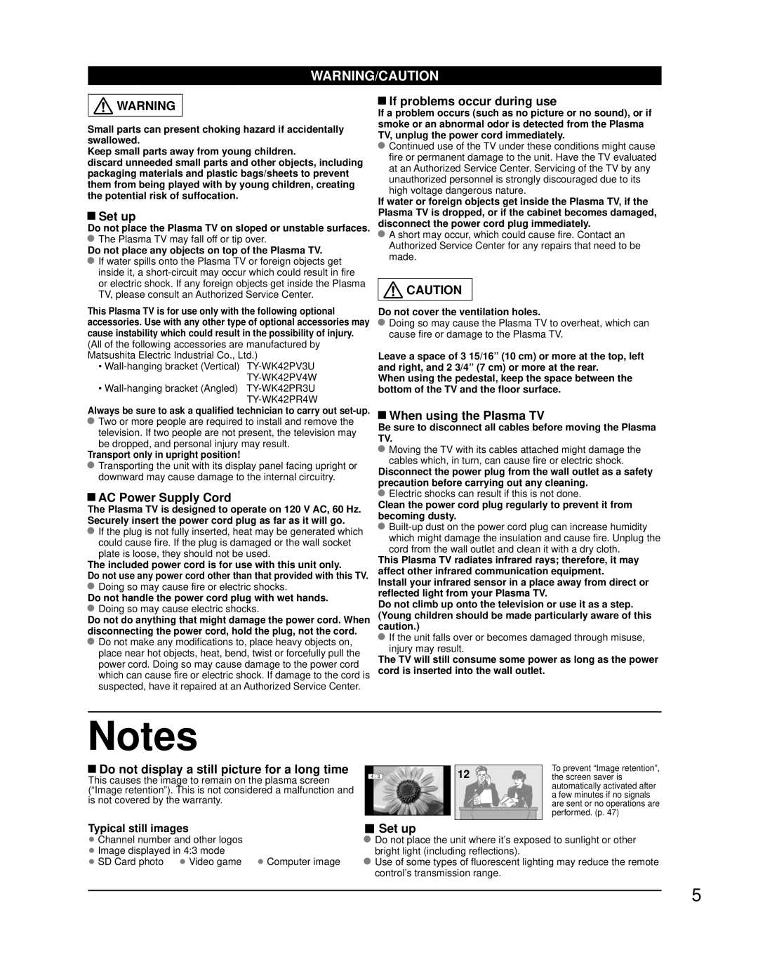 Panasonic TH-C50FD18 quick start Set up, AC Power Supply Cord, If problems occur during use, When using the Plasma TV 