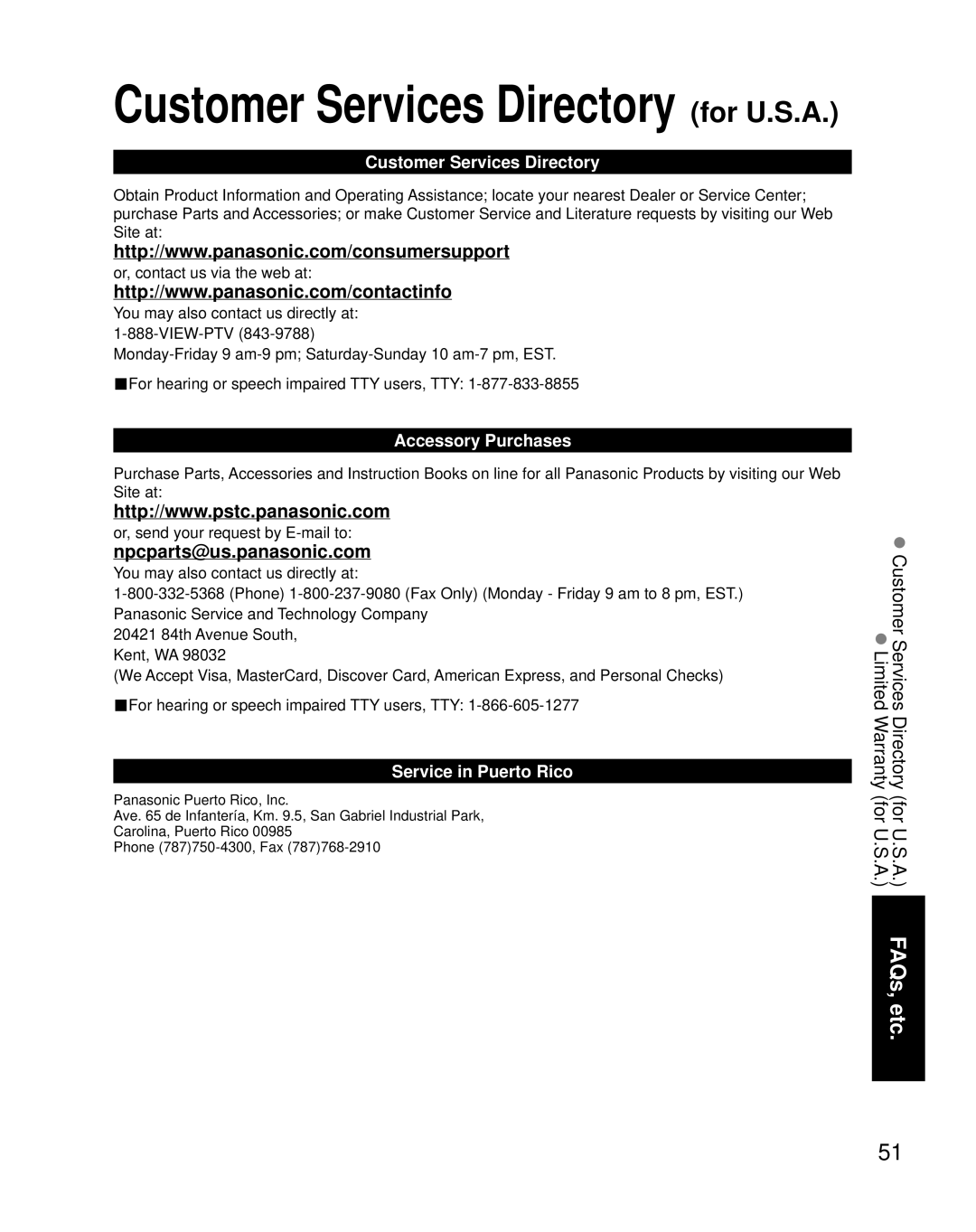 Panasonic TH-C50FD18 Npcparts@us.panasonic.com, Customer Services Directory, Accessory Purchases, Service in Puerto Rico 