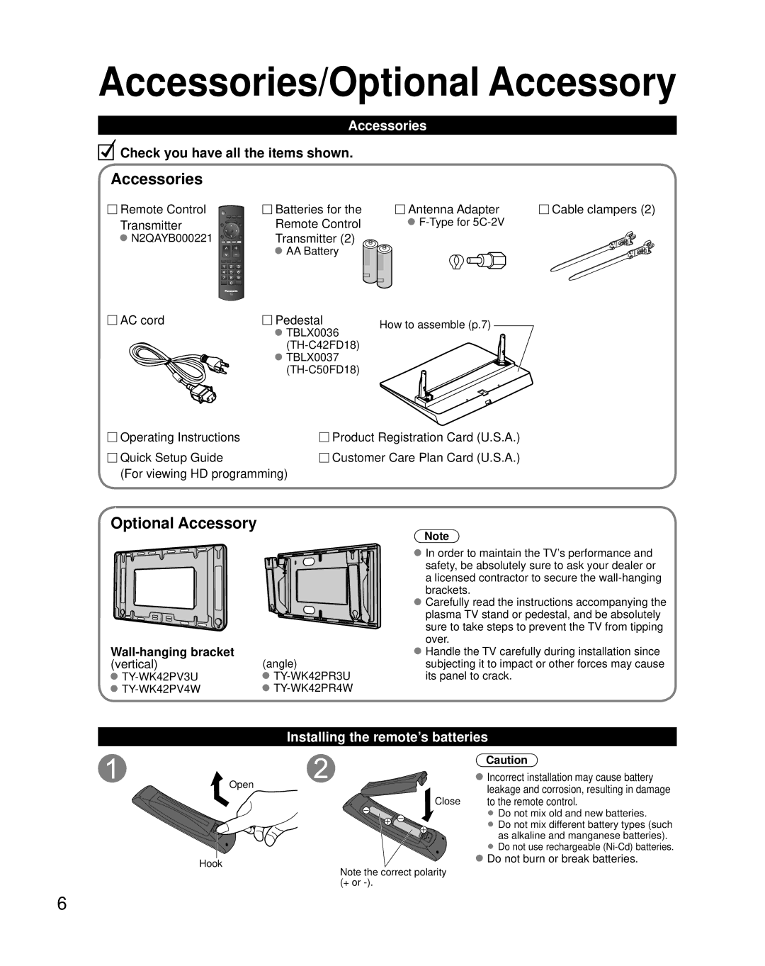 Panasonic TH-C50FD18 quick start Accessories/Optional Accessory, Installing the remote’s batteries 