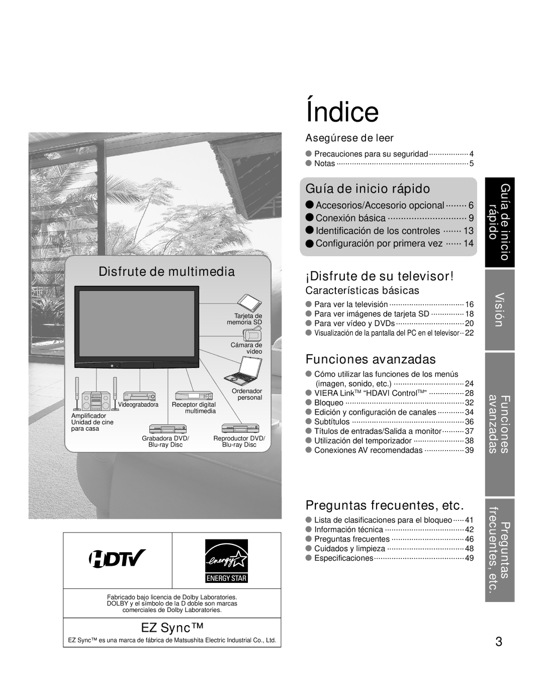 Panasonic TH-C50FD18 quick start Asegúrese de leer, Características básicas, Visión 