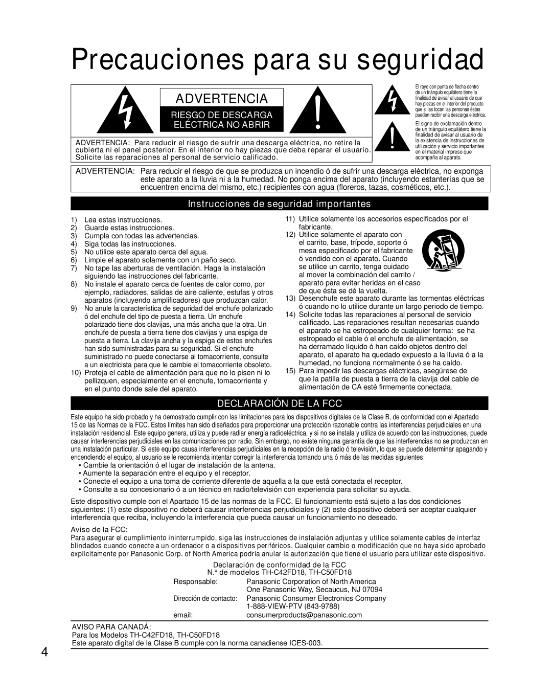 Panasonic TH-C50FD18 quick start Precauciones para su seguridad, Instrucciones de seguridad importantes, Aviso de la FCC 