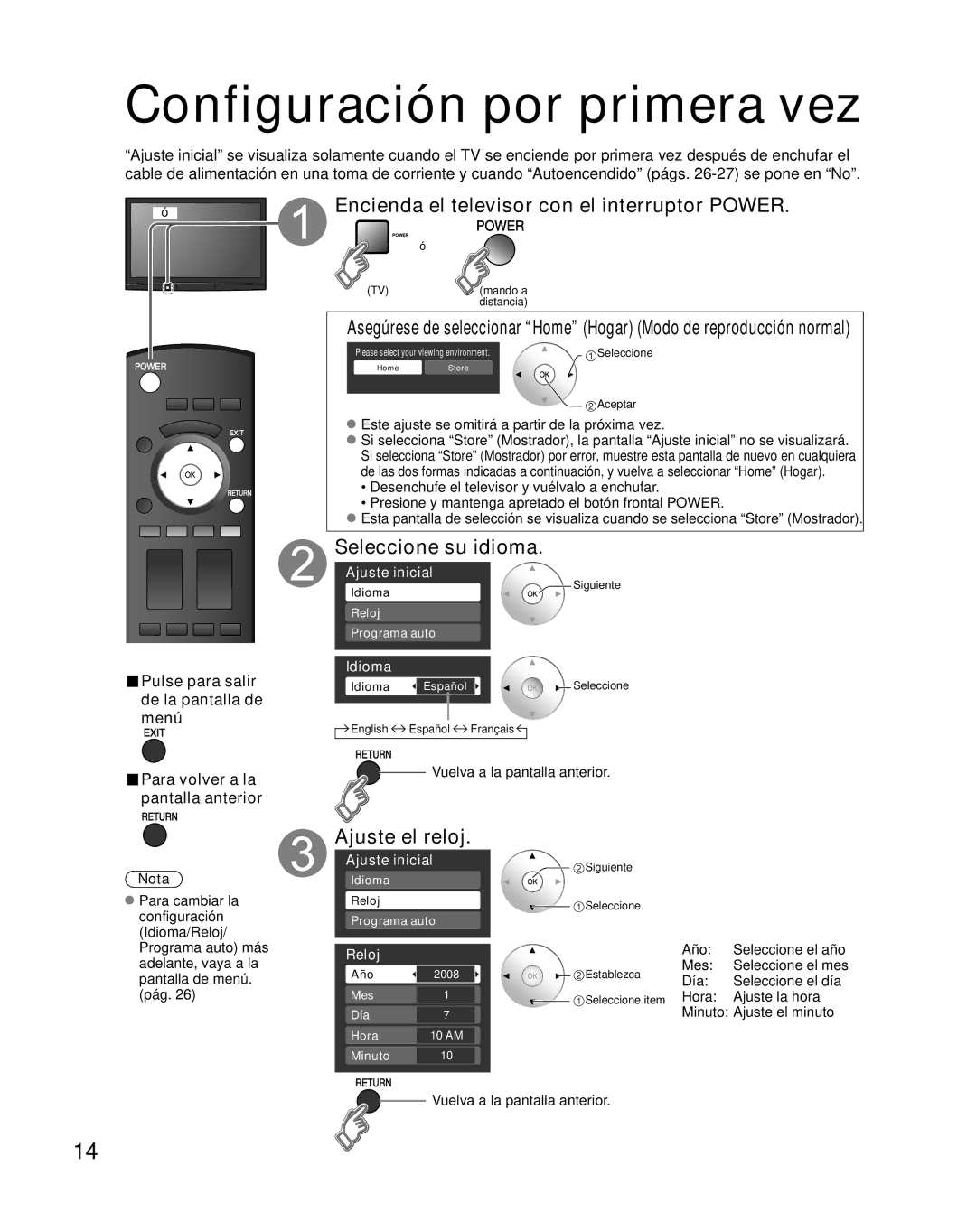 Panasonic TH-C50FD18 Configuración por primera vez, Encienda el televisor con el interruptor Power, Seleccione su idioma 