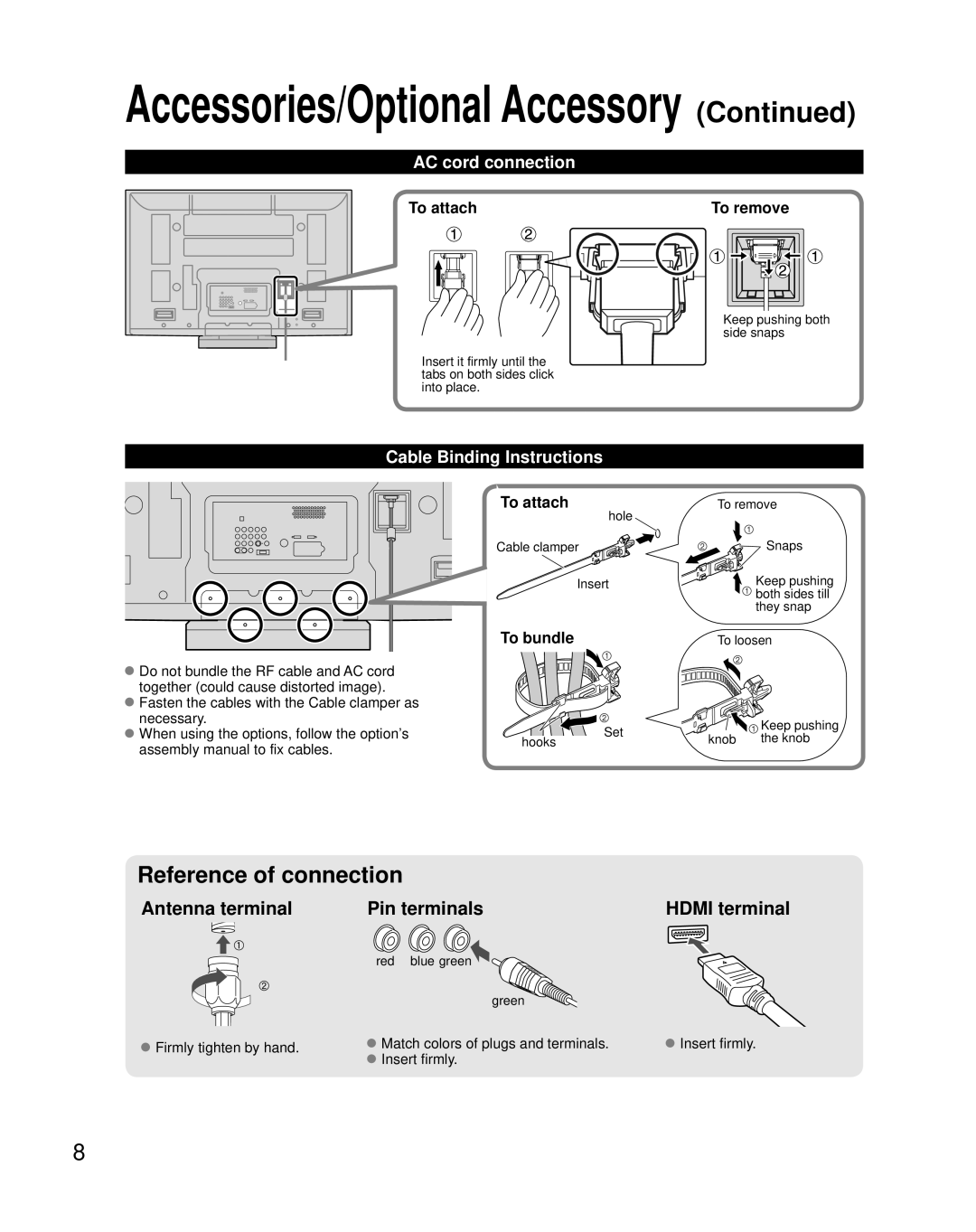 Panasonic TH-C50FD18 Antenna terminal Pin terminals Hdmi terminal, AC cord connection, Cable Binding Instructions 