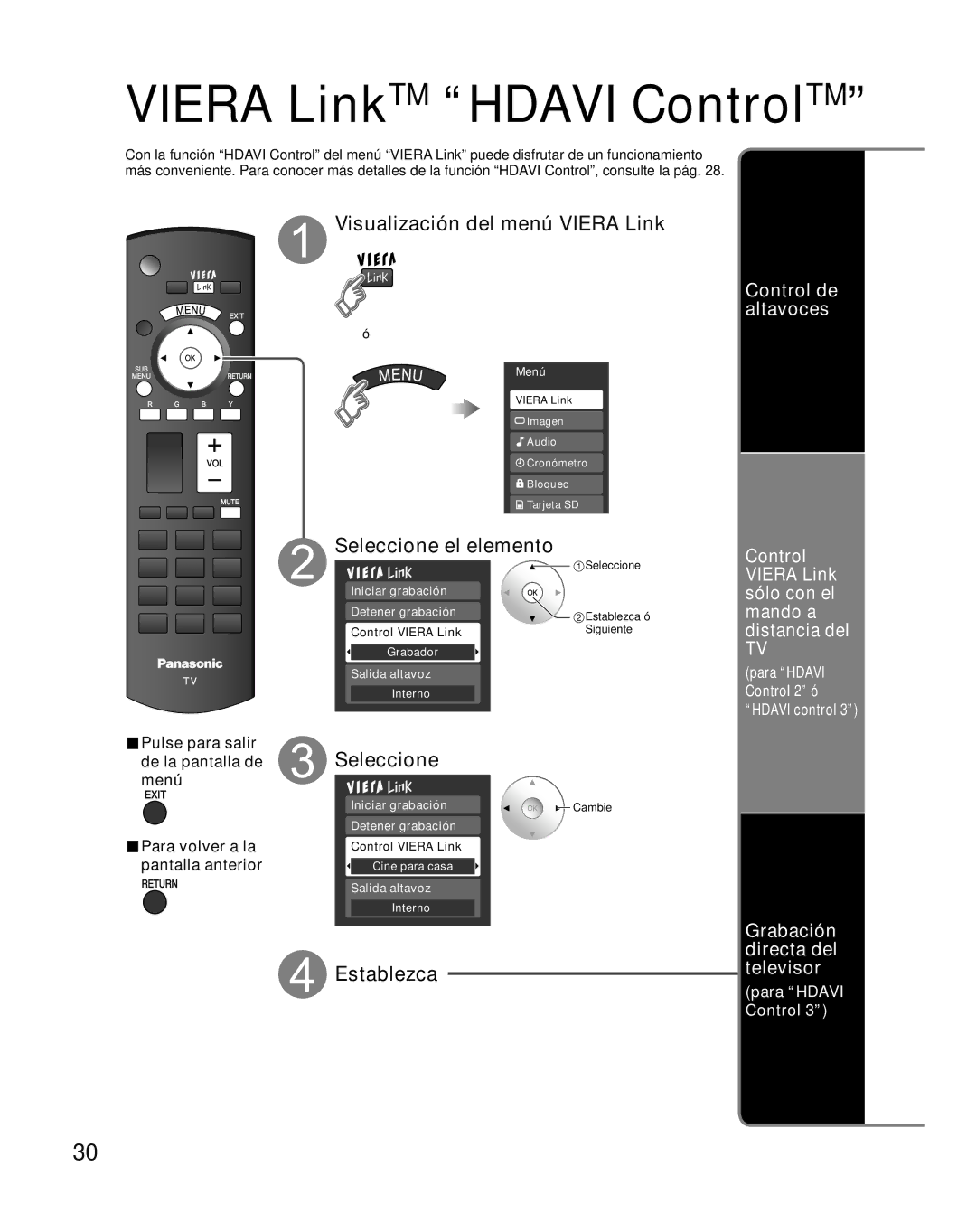 Panasonic TH-C50FD18 quick start Visualización del menú Viera Link, Grabación directa del televisor 