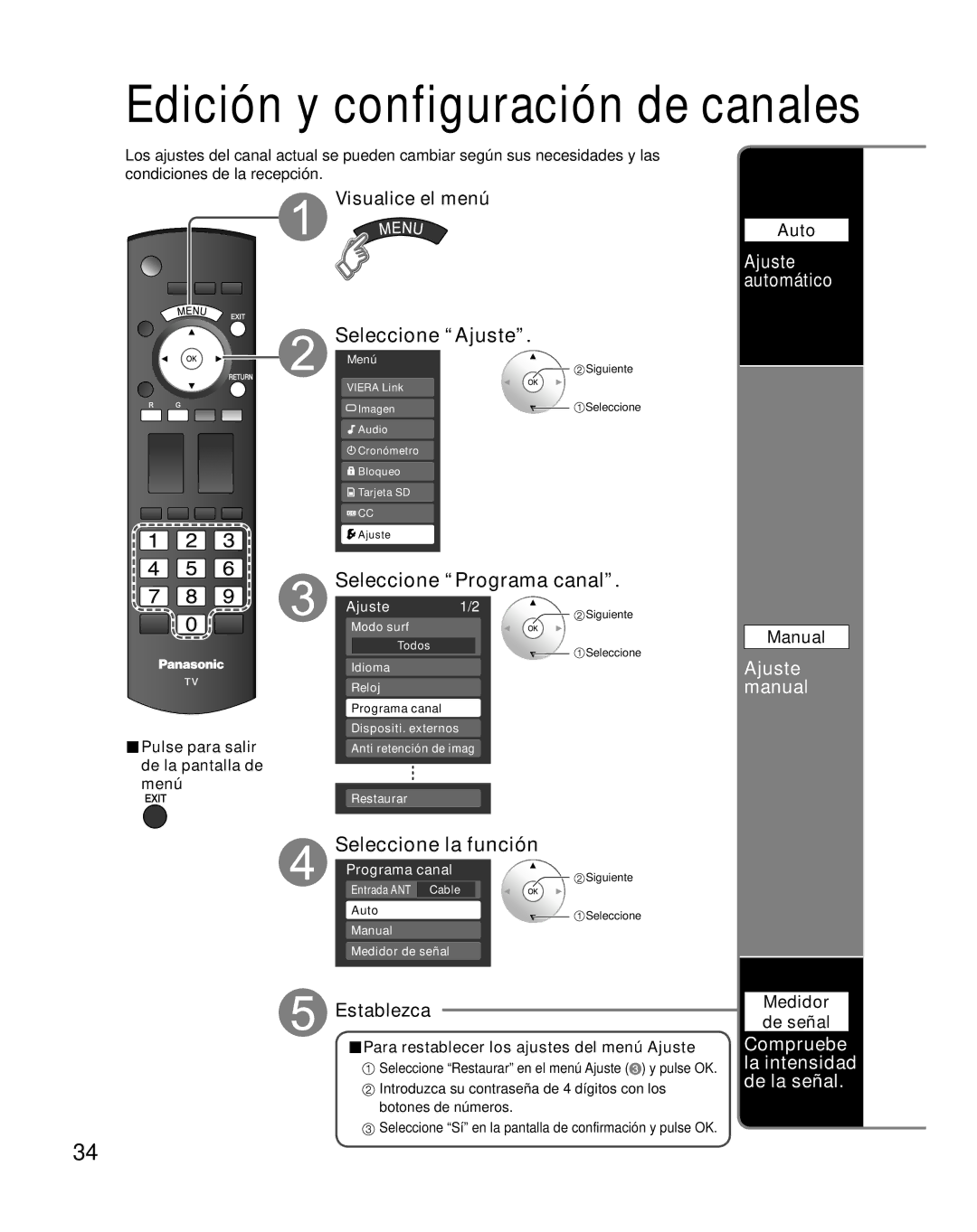 Panasonic TH-C50FD18 quick start Seleccione Programa canal, Seleccione la función, Ajuste automático, Ajuste manual 