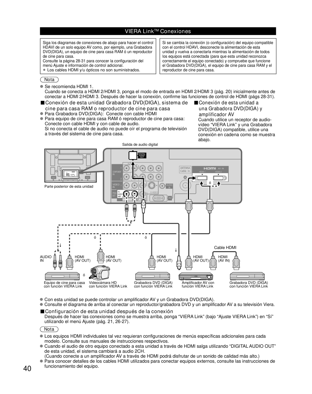 Panasonic TH-C50FD18 quick start Viera LinkTM Conexiones, Configuración de esta unidad después de la conexión, Cable Hdmi 