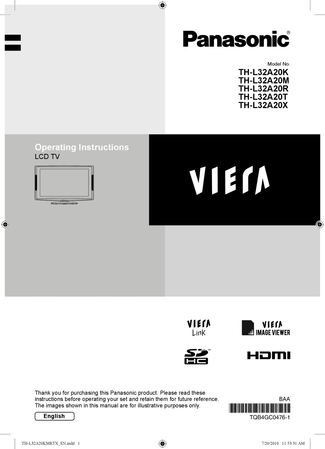 Panasonic TH-L32A20R, TH-L32A20T, TH-L32A20K, TH-L32A20X, TH-L32A20M manual Operating Instructions, English 