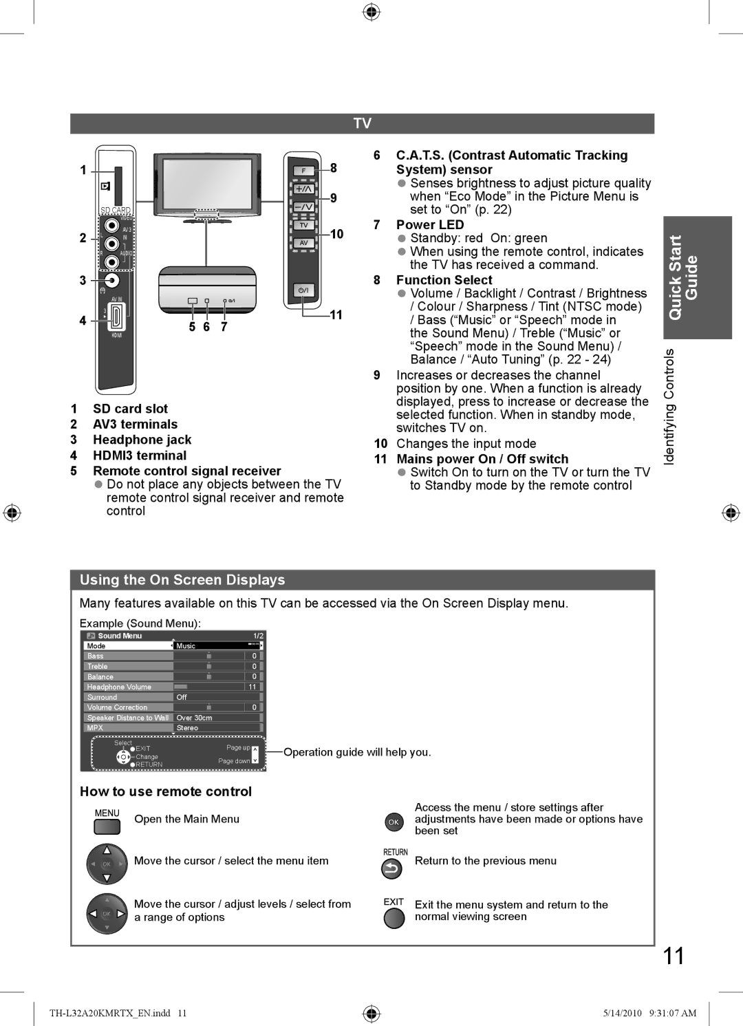 Panasonic TH-L32A20R, TH-L32A20T, TH-L32A20K, TH-L32A20X, TH-L32A20M manual Using the On Screen Displays 