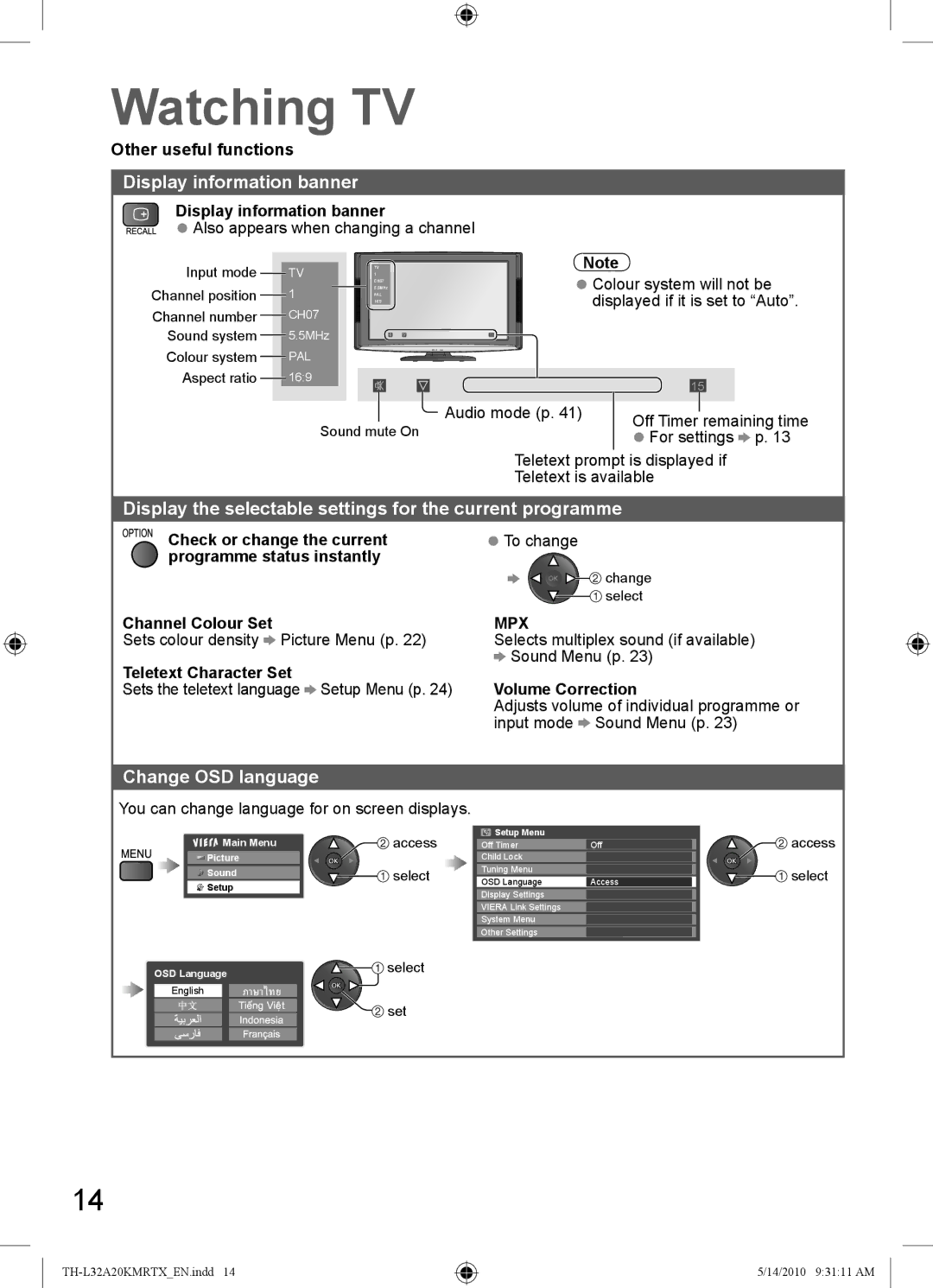 Panasonic TH-L32A20M, TH-L32A20T Display information banner, Display the selectable settings for the current programme 