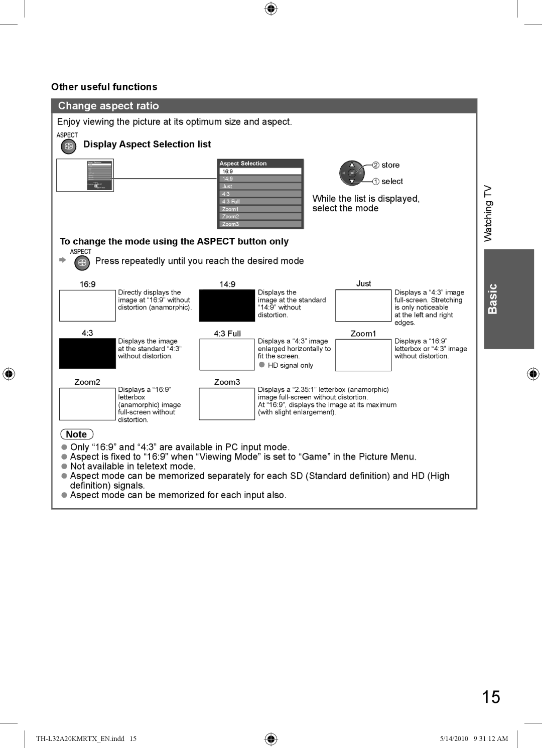 Panasonic TH-L32A20T Change aspect ratio, Display Aspect Selection list, To change the mode using the Aspect button only 