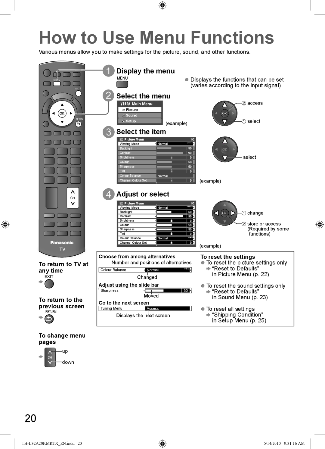 Panasonic TH-L32A20T manual How to Use Menu Functions, Display the menu Select the menu, Select the item, Adjust or select 