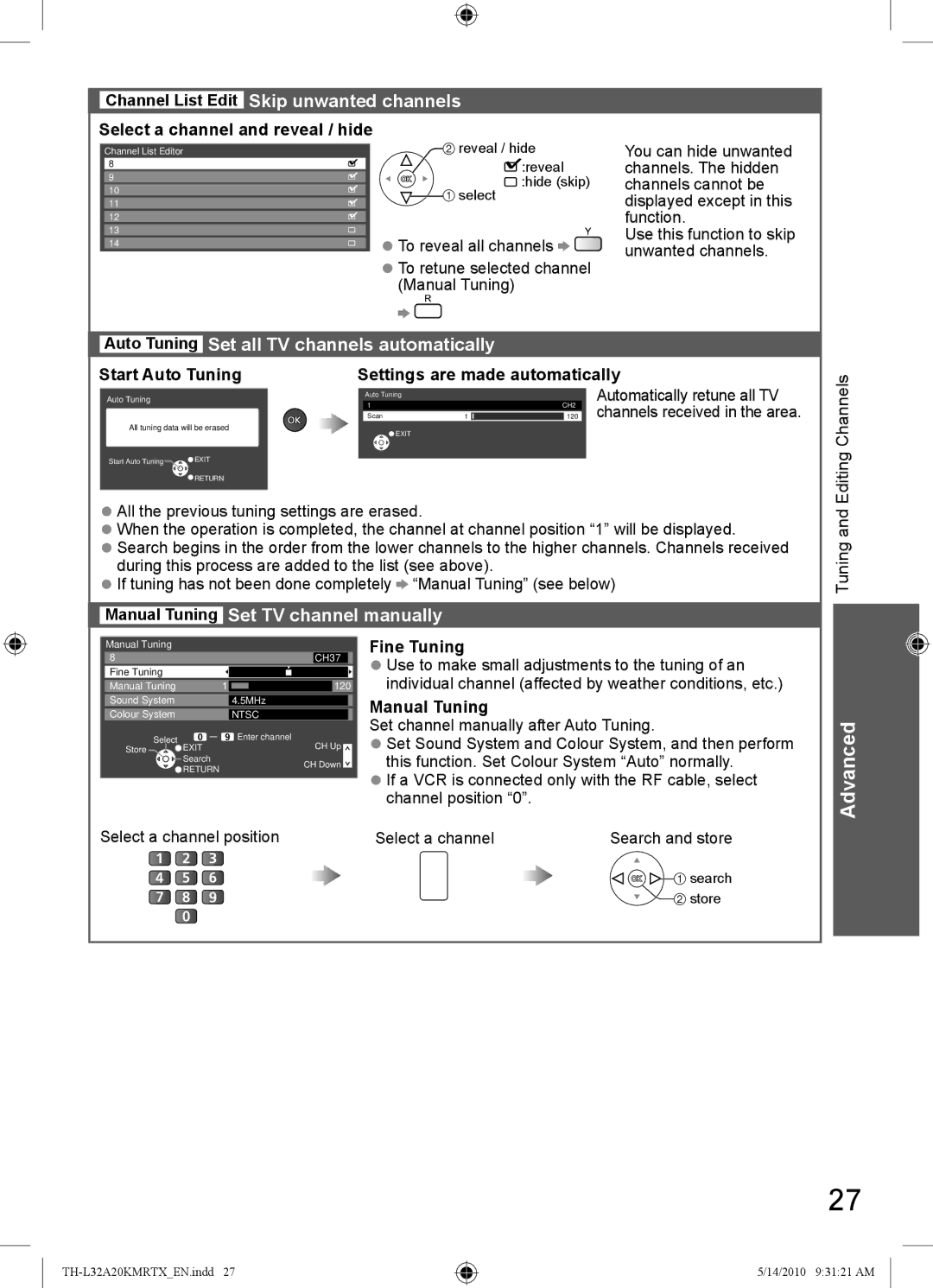 Panasonic TH-L32A20K Skip unwanted channels, Auto Tuning Set all TV channels automatically, Fine Tuning, Manual Tuning 