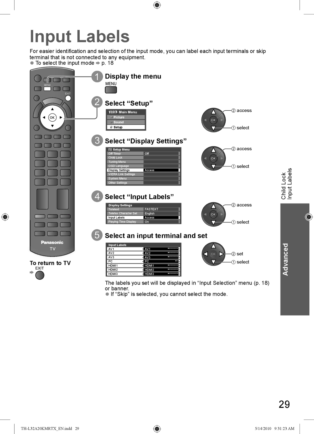 Panasonic TH-L32A20M, TH-L32A20T manual Select Display Settings, Select Input Labels, Select an input terminal and set 