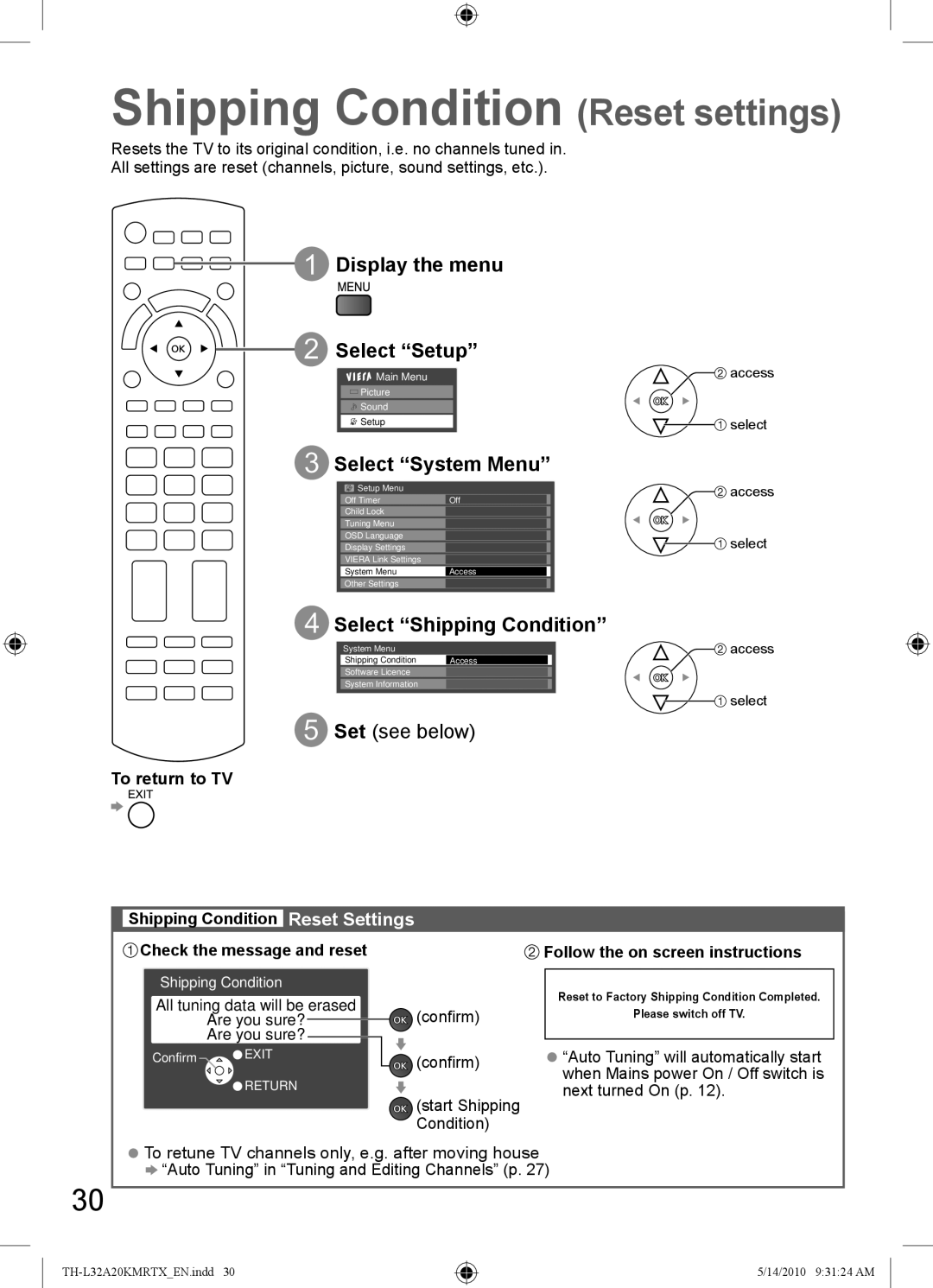 Panasonic TH-L32A20T manual Shipping Condition Reset settings, Start Shipping Condition, Follow the on screen instructions 