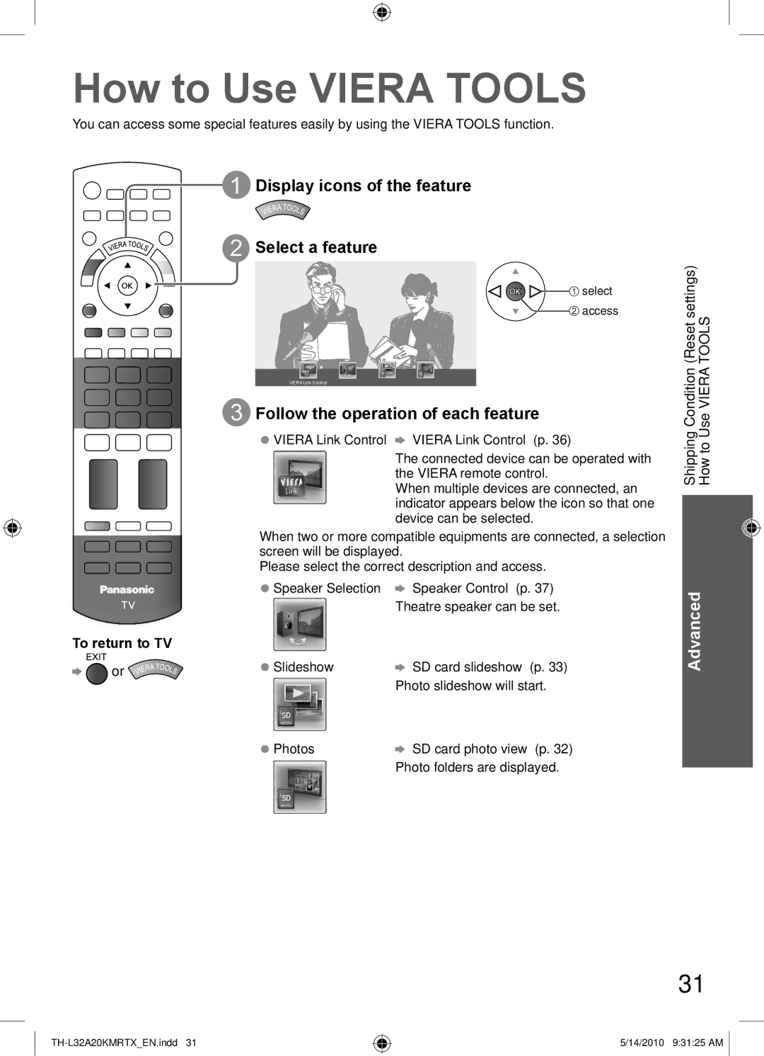 Panasonic TH-L32A20R, TH-L32A20T, TH-L32A20K manual How to Use Viera Tools, Display icons of the feature, Select a feature 