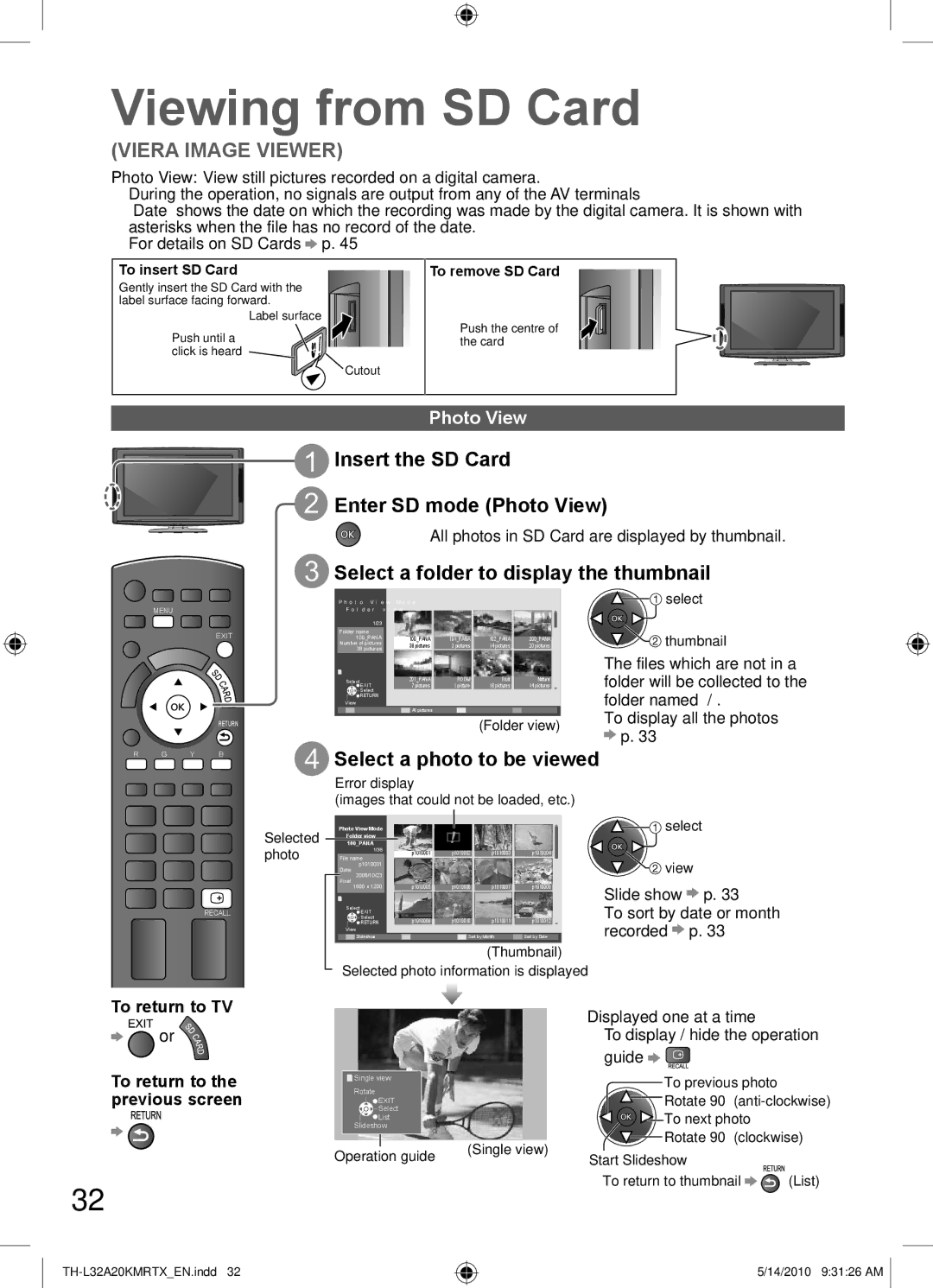 Panasonic TH-L32A20K manual Viewing from SD Card, Insert the SD Card Enter SD mode Photo View, Select a photo to be viewed 