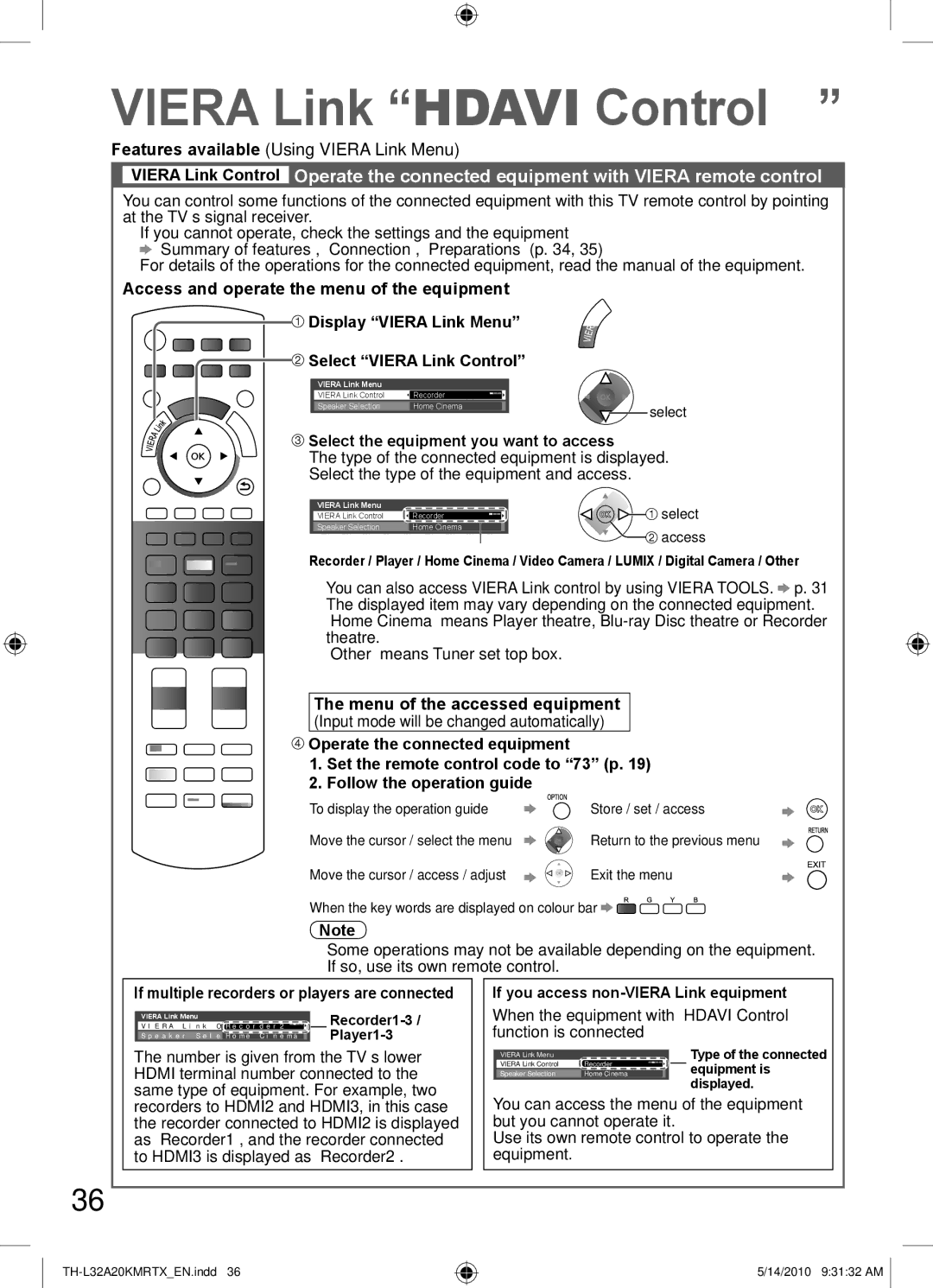 Panasonic TH-L32A20R Viera Link Hdavi Control, Select the equipment you want to access, Menu of the accessed equipment 