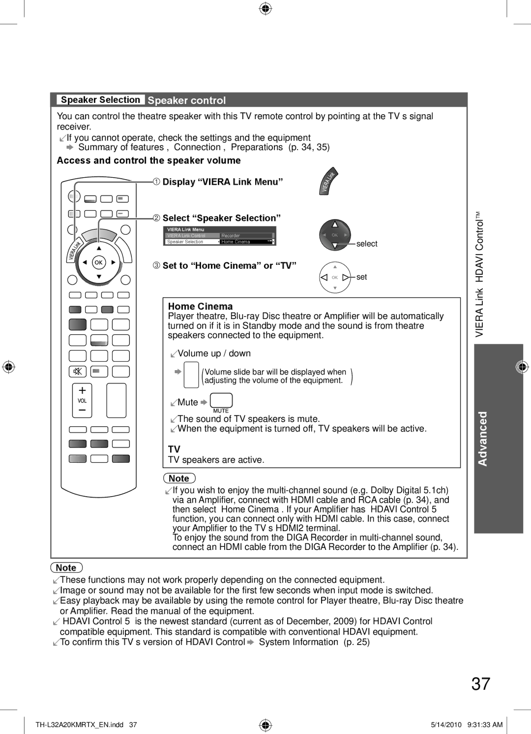 Panasonic TH-L32A20K, TH-L32A20T, TH-L32A20R, TH-L32A20X manual Speaker Selection Speaker control, Set to Home Cinema or TV 