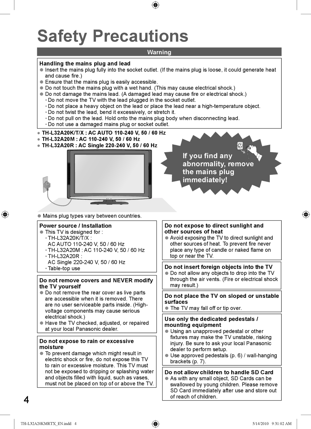 Panasonic TH-L32A20M, TH-L32A20T, TH-L32A20R, TH-L32A20K, TH-L32A20X manual Safety Precautions 