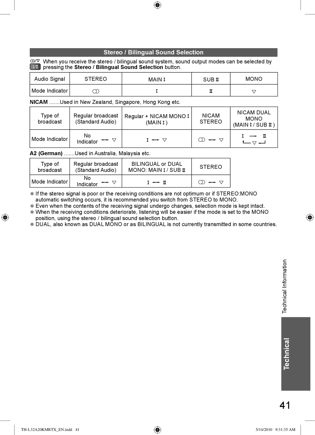 Panasonic TH-L32A20R manual Pressing the Stereo / Bilingual Sound Selection button, Audio Signal, Regular + Nicam Mono 