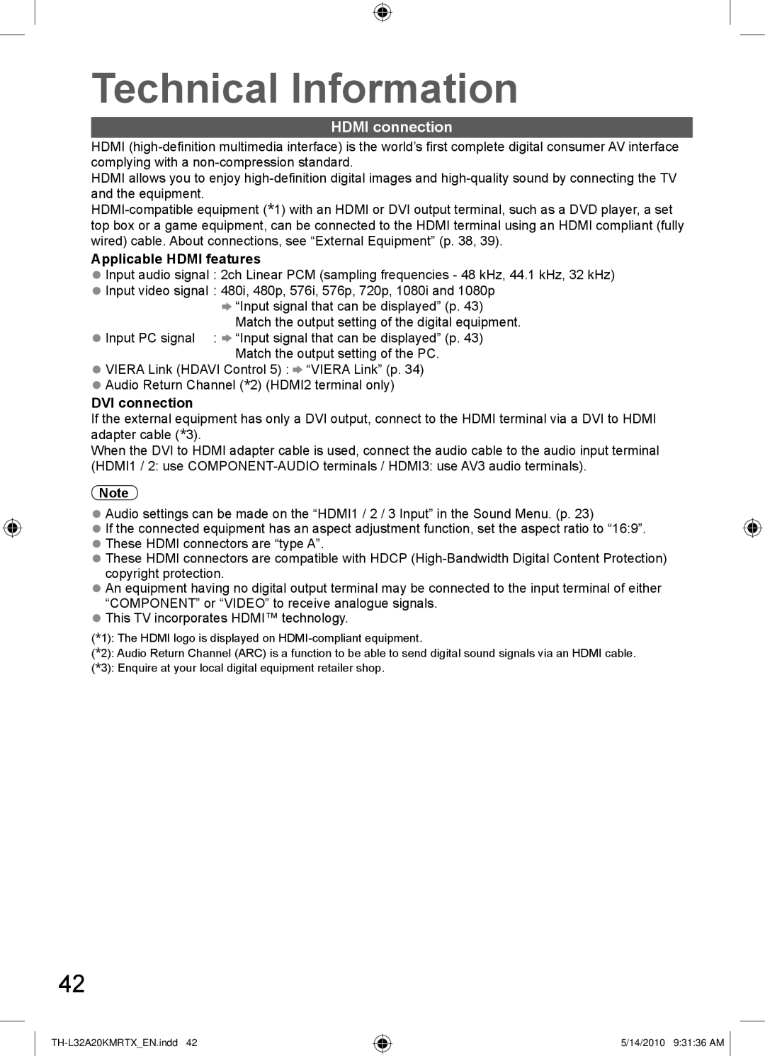 Panasonic TH-L32A20K, TH-L32A20T, TH-L32A20R, TH-L32A20X manual Hdmi connection, Applicable Hdmi features, DVI connection 