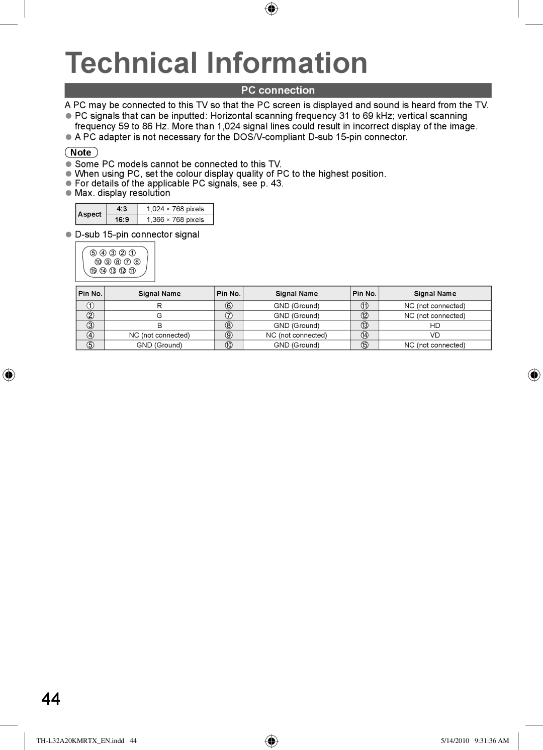 Panasonic TH-L32A20M, TH-L32A20T, TH-L32A20R, TH-L32A20K, TH-L32A20X manual PC connection, Sub 15-pin connector signal 