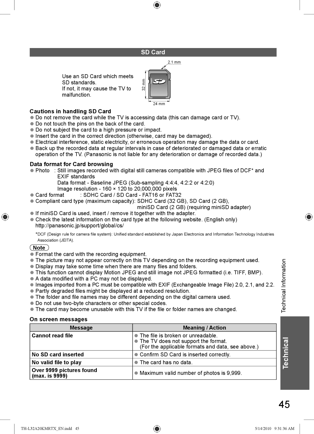 Panasonic TH-L32A20T, TH-L32A20R, TH-L32A20K, TH-L32A20X, TH-L32A20M manual SD Card, Data format for Card browsing 