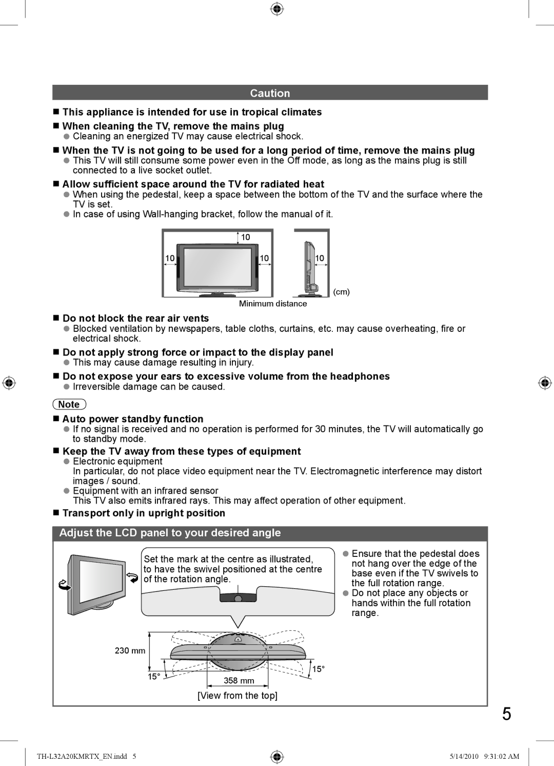 Panasonic TH-L32A20T, TH-L32A20R, TH-L32A20K, TH-L32A20X, TH-L32A20M manual Adjust the LCD panel to your desired angle 