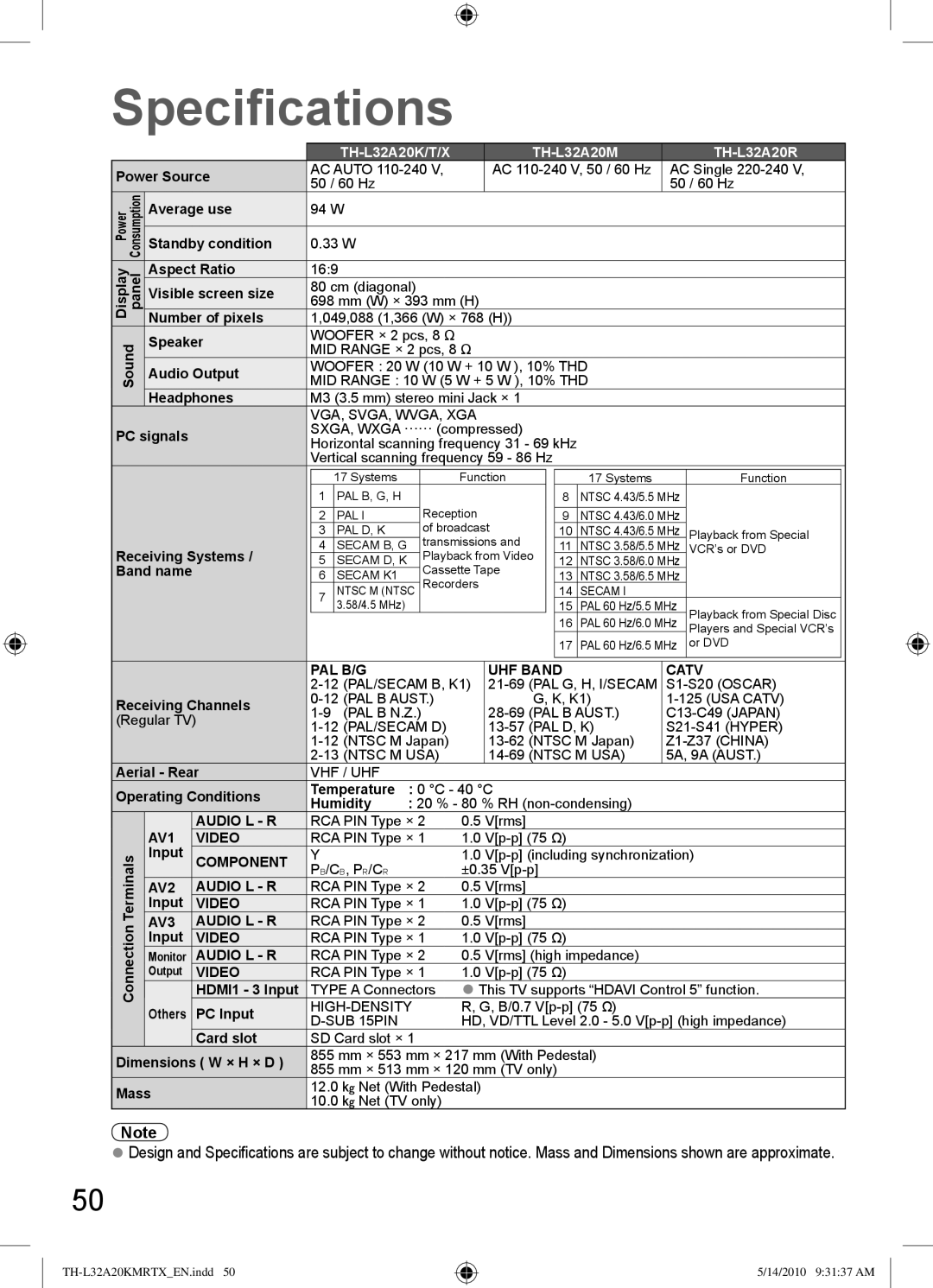 Panasonic TH-L32A20T, TH-L32A20X manual Specifications, TH-L32A20K/T/X TH-L32A20M TH-L32A20R 