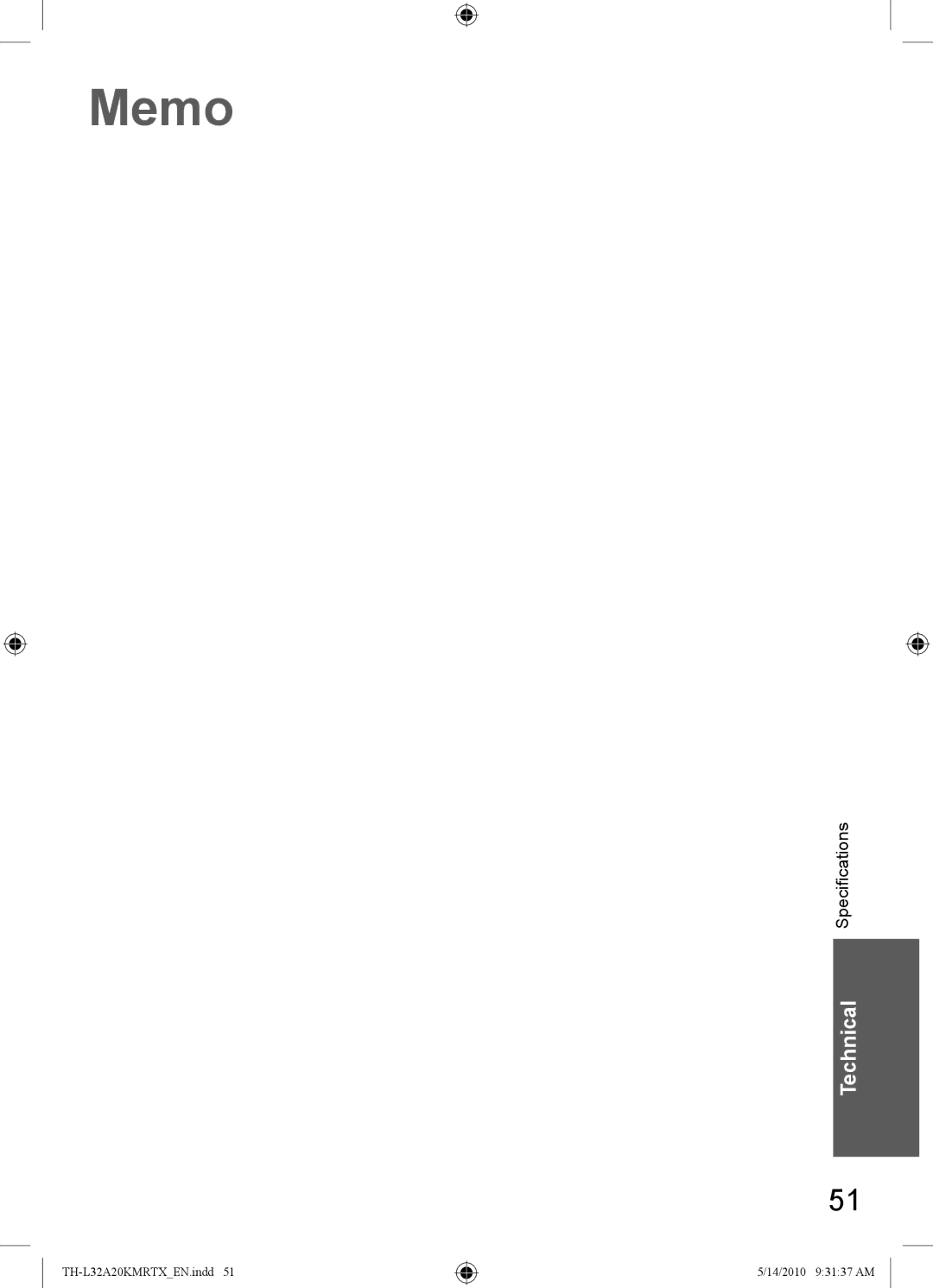 Panasonic TH-L32A20R, TH-L32A20T, TH-L32A20K, TH-L32A20X, TH-L32A20M manual Memo, Technical Specifications 