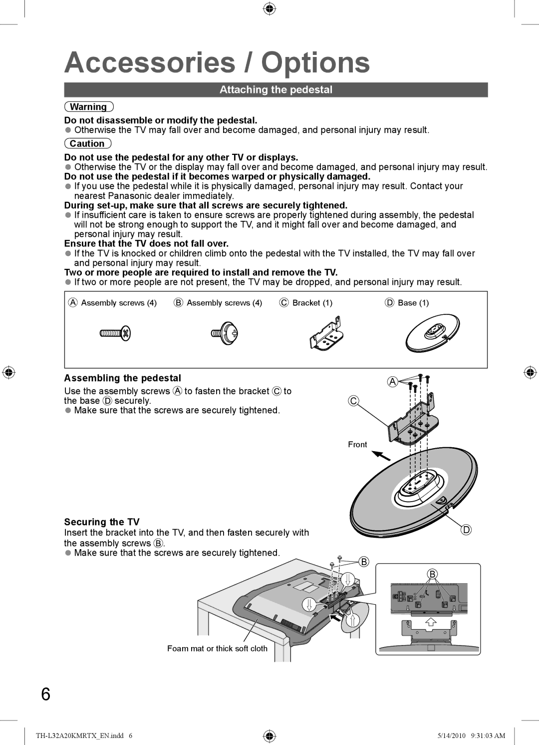 Panasonic TH-L32A20R, TH-L32A20T, TH-L32A20K, TH-L32A20X, TH-L32A20M manual Accessories / Options, Attaching the pedestal 