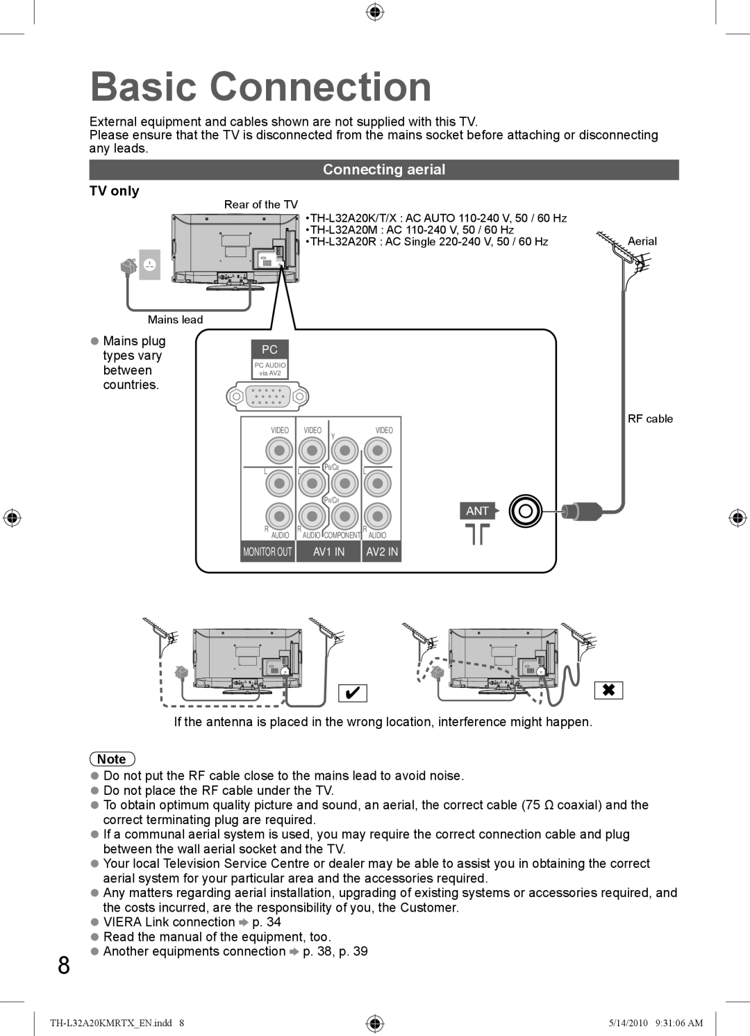 Panasonic TH-L32A20X, TH-L32A20T, TH-L32A20R, TH-L32A20K, TH-L32A20M manual Basic Connection, Connecting aerial, TV only 